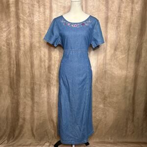 Vintage 90s Floral Embroidered Denim Maxi Dress Blue Peasant Boho Cottagecore